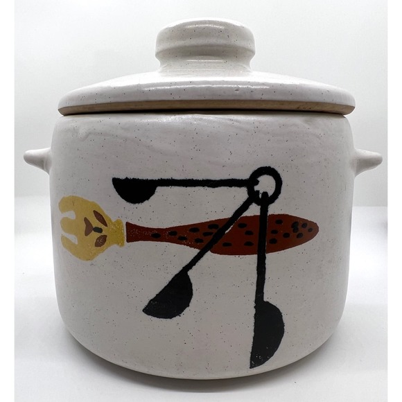 VTG 60’s West Bend Crock Bean Pot & Lid w/ Fork & Spoon Design, earthenware, MCM - Picture 2 of 8